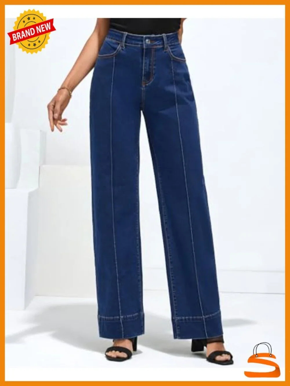 High Rise Wide Leg Stretchy Baggy Jeans with Front Seam